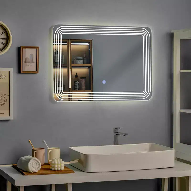 Specchio da bagno LED rettangolare – 3 colori dimmerabili, interruttore touch, montaggio a parete