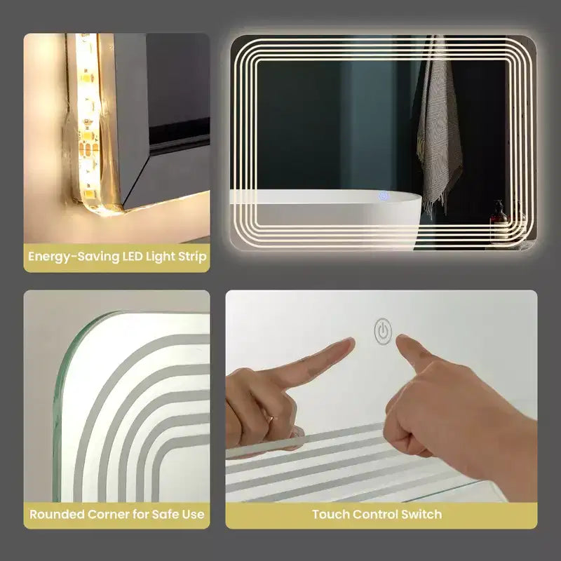 Specchio da bagno LED rettangolare – 3 colori dimmerabili, interruttore touch, montaggio a parete