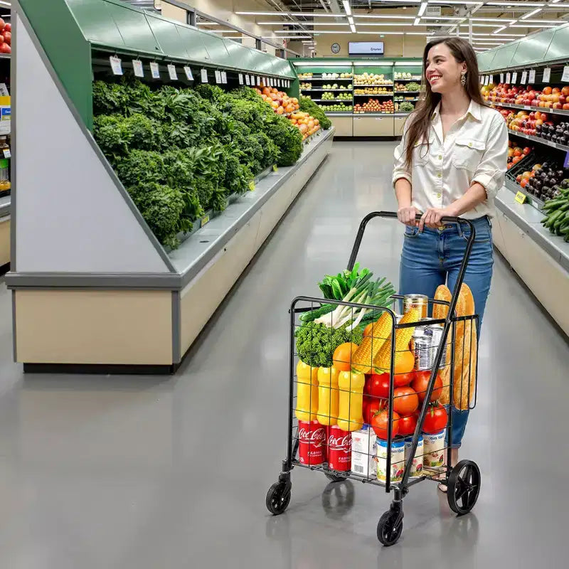Carrello della Spesa Pieghevole con Doppio Cesto, Telaio in Acciaio Resistente, Capacità 50 kg, Ruote Girevoli