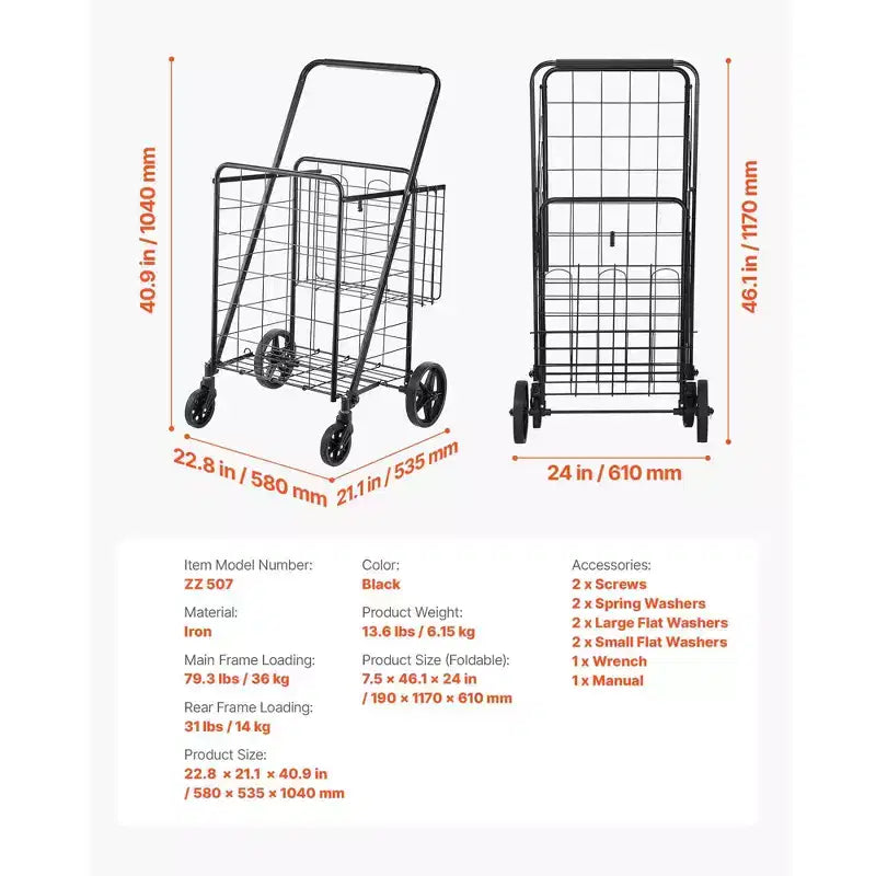 Carrello della Spesa Pieghevole con Doppio Cesto, Telaio in Acciaio Resistente, Capacità 50 kg, Ruote Girevoli