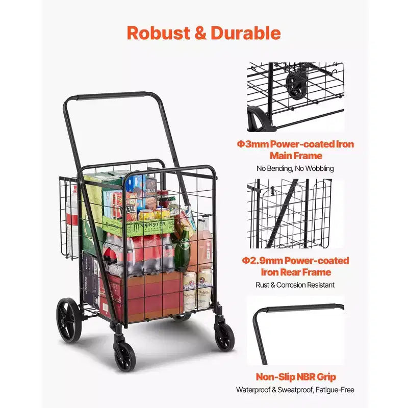 Carrello della Spesa Pieghevole con Doppio Cesto, Telaio in Acciaio Resistente, Capacità 50 kg, Ruote Girevoli