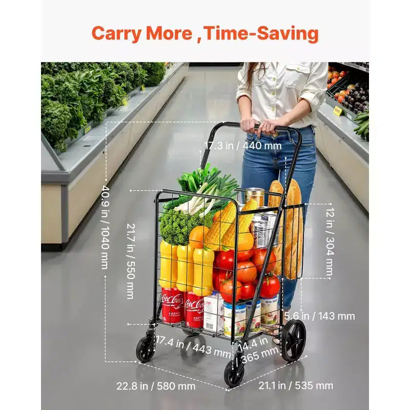 Carrello della Spesa Pieghevole con Doppio Cesto, Telaio in Acciaio Resistente, Capacità 50 kg, Ruote Girevoli