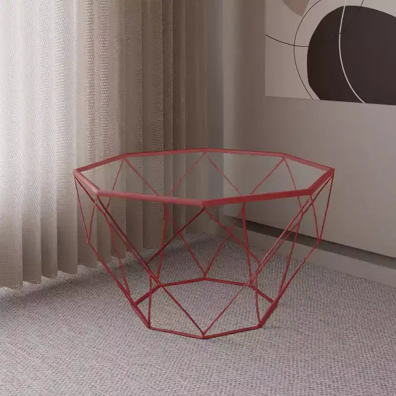Tavolino da caffè ottagonale da 31" con piano in vetro e base geometrica in filo metallico