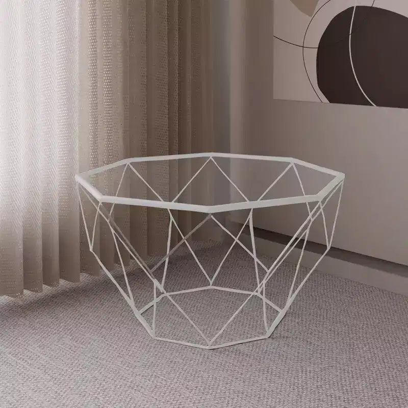 Tavolino da caffè ottagonale da 31" con piano in vetro e base geometrica in filo metallico